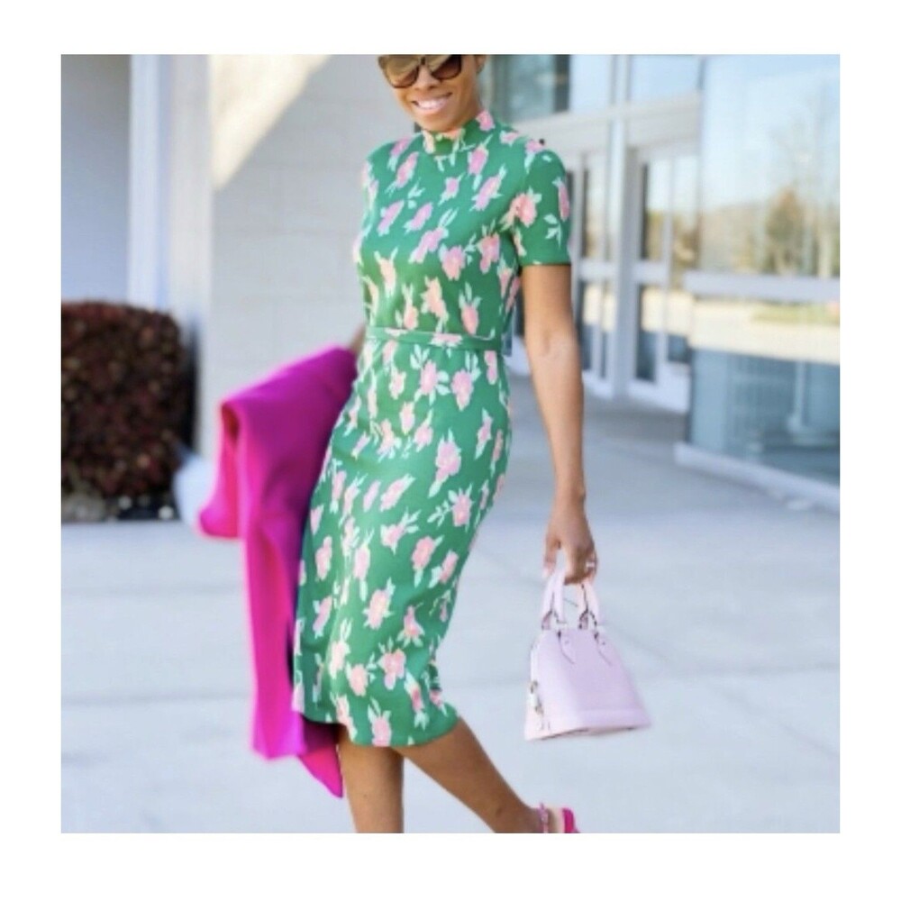 ZARA  JACQUARD MIDI DRESS BELT GREEN SZ M